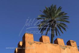 Image du Maroc Professionnelle de  Hormis les remparts de Marrakech qui sont construits entièrement en pisé selon une technique séculaire par l'Almoravide Ali Ben Youssef au début de XIIème siècle pour se protéger des attaques extérieures. La ville rouge dispose d’autres murailles qui protègent les parcs comme celle-ci qui clôturent les jardins de l'Agdal Ba Ahmed. Au fond la chaine de montagne du Haut Atlas enneigé surplombe la plaine du Haouz où de nombreux palmiers des jardins apportent à ce paysage un contraste très accentué, 3 Décembre 2012. (Photo / Abdeljalil Bounhar) 